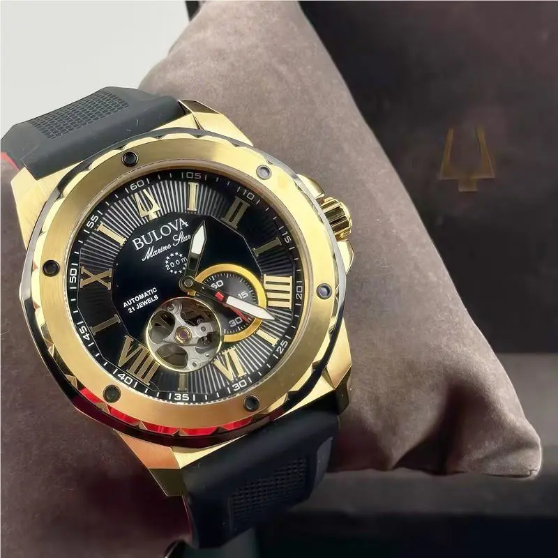 Bulova Marine Star A Black Gold Dial Rubber Strap Men`s Automatic Watch 98A272