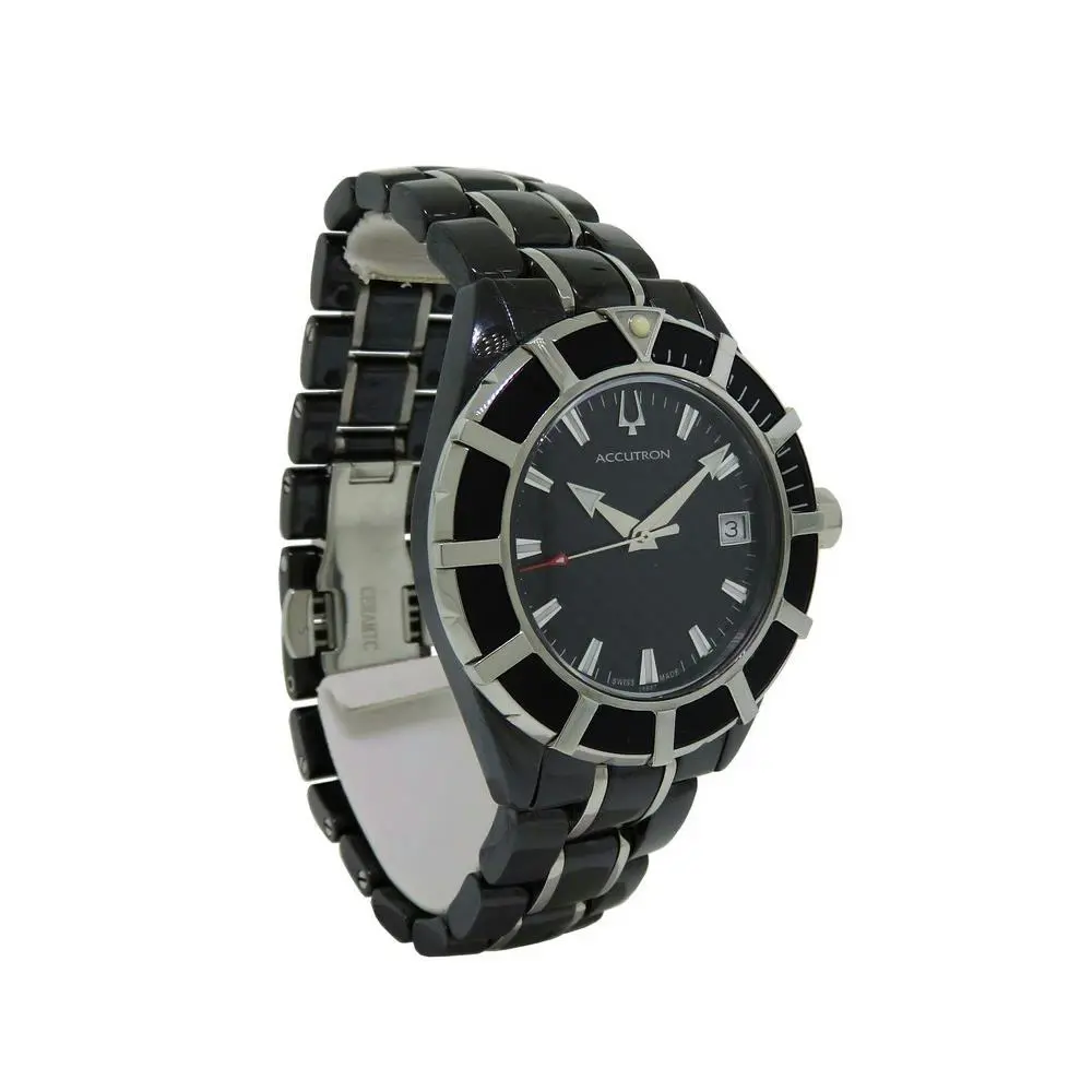 Bulova Accutron 28B87 Mirador Men`s Round Black Ceramic Analog Date Watch - Dial: Black, Band: Black, Silver, Bezel: Black
