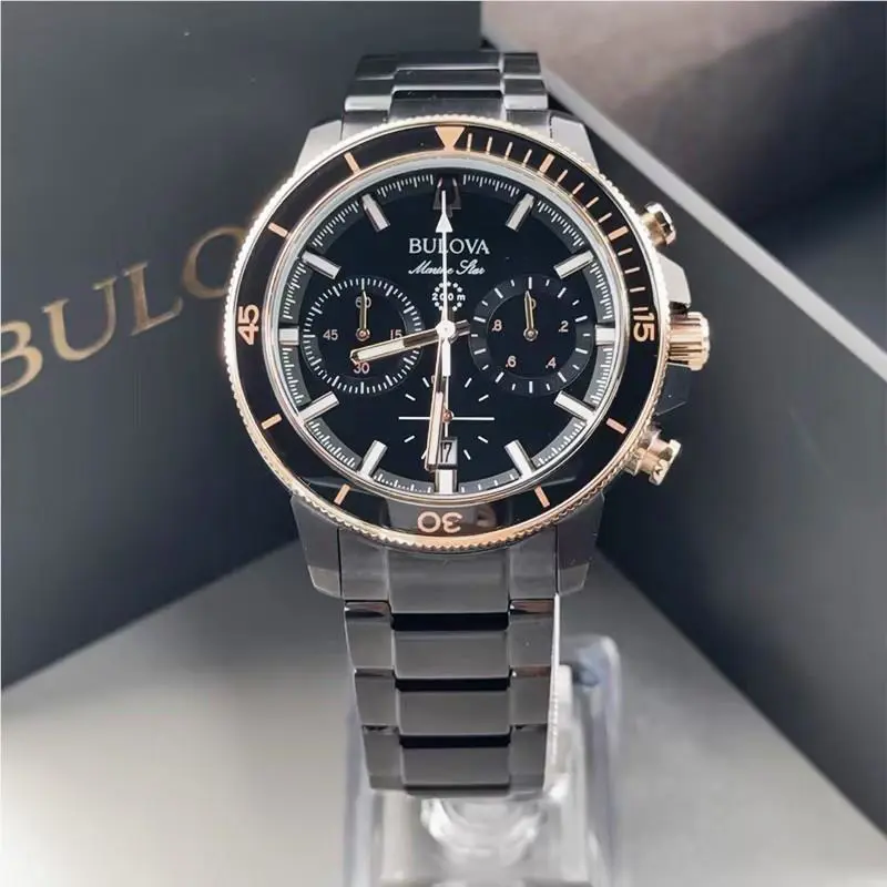 Bulova Marine Star 98B302 Chronograph Quartz Men`s Watch Black Rose Gold Dial
