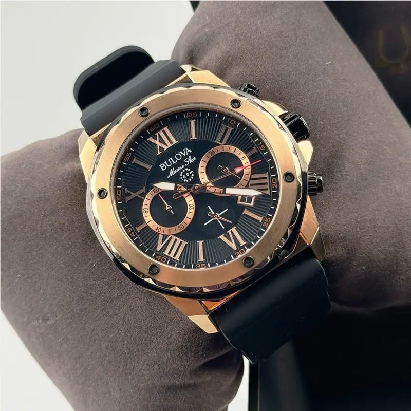 Bulova Marine Star 98B104 Black Dial Black Rubber Strap Men`s Quartz Watch 44mm