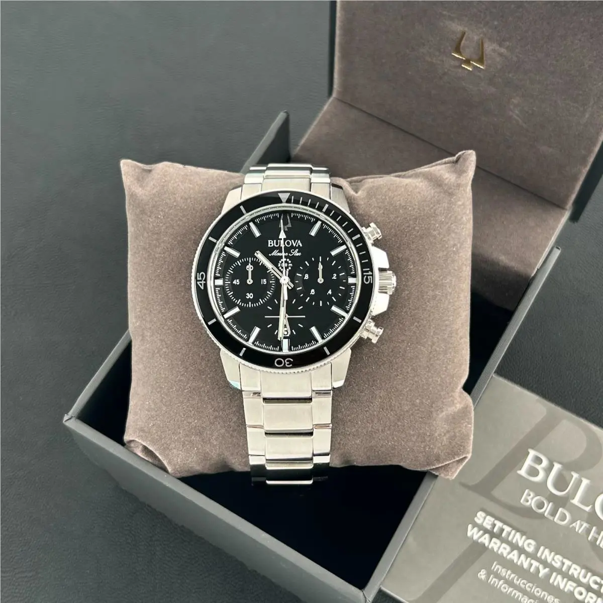 Bulova Marine Star 96B272 Black Dial Men`s Quartz Chronograph Watch 45mm