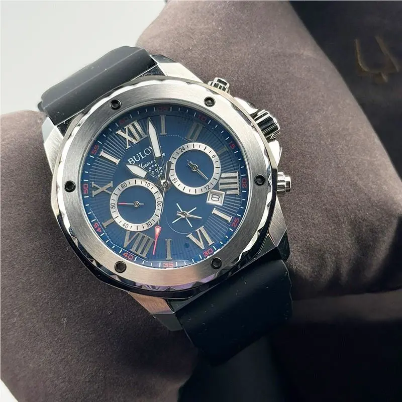 Bulova Marine Star 98B258 Blue Dial Black Rubber Strap Men`s Quartz Watch 44mm