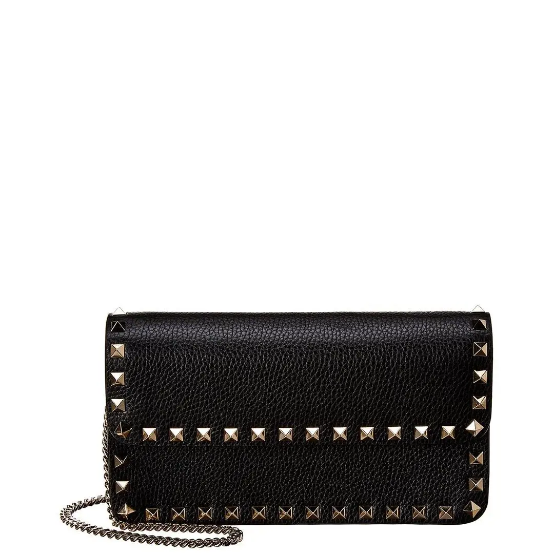 Valentino Rockstud Grainy Leather Wallet On Chain Women`s Black
