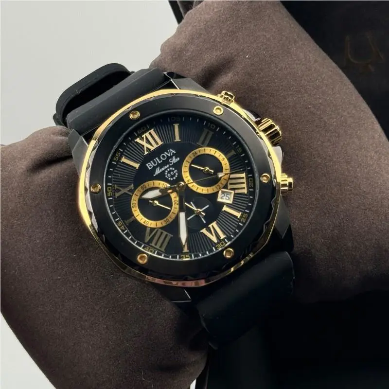 Bulova Marine Star 98B278 Black Gold Dial Black Rubber Strap Men`s Quartz Watch