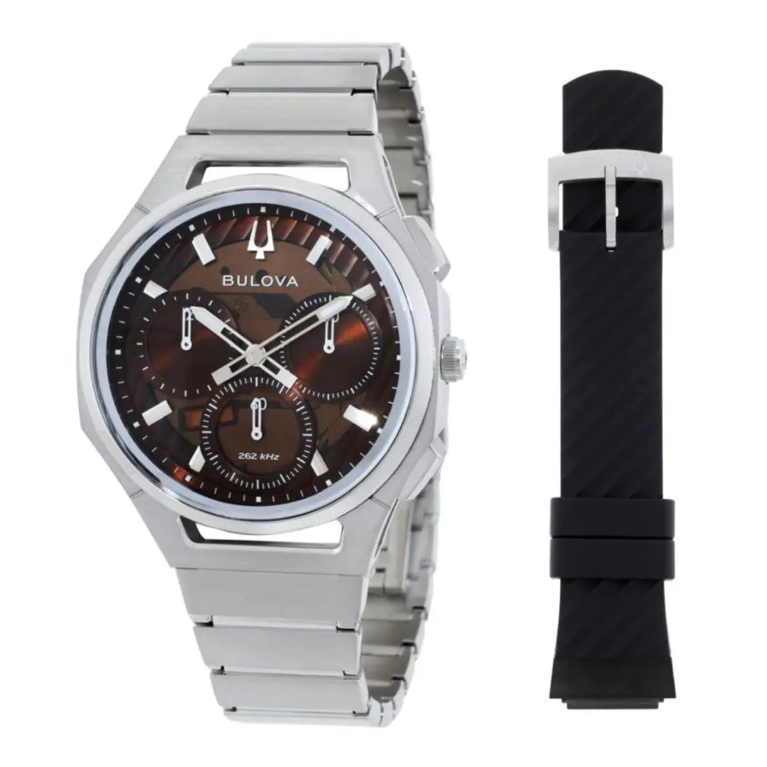Bulova Curv Men`s Chronograph Translucent Brown Dial Quartz Watch 96K117 - Face: Brown, Dial: Brown, Band: Silver