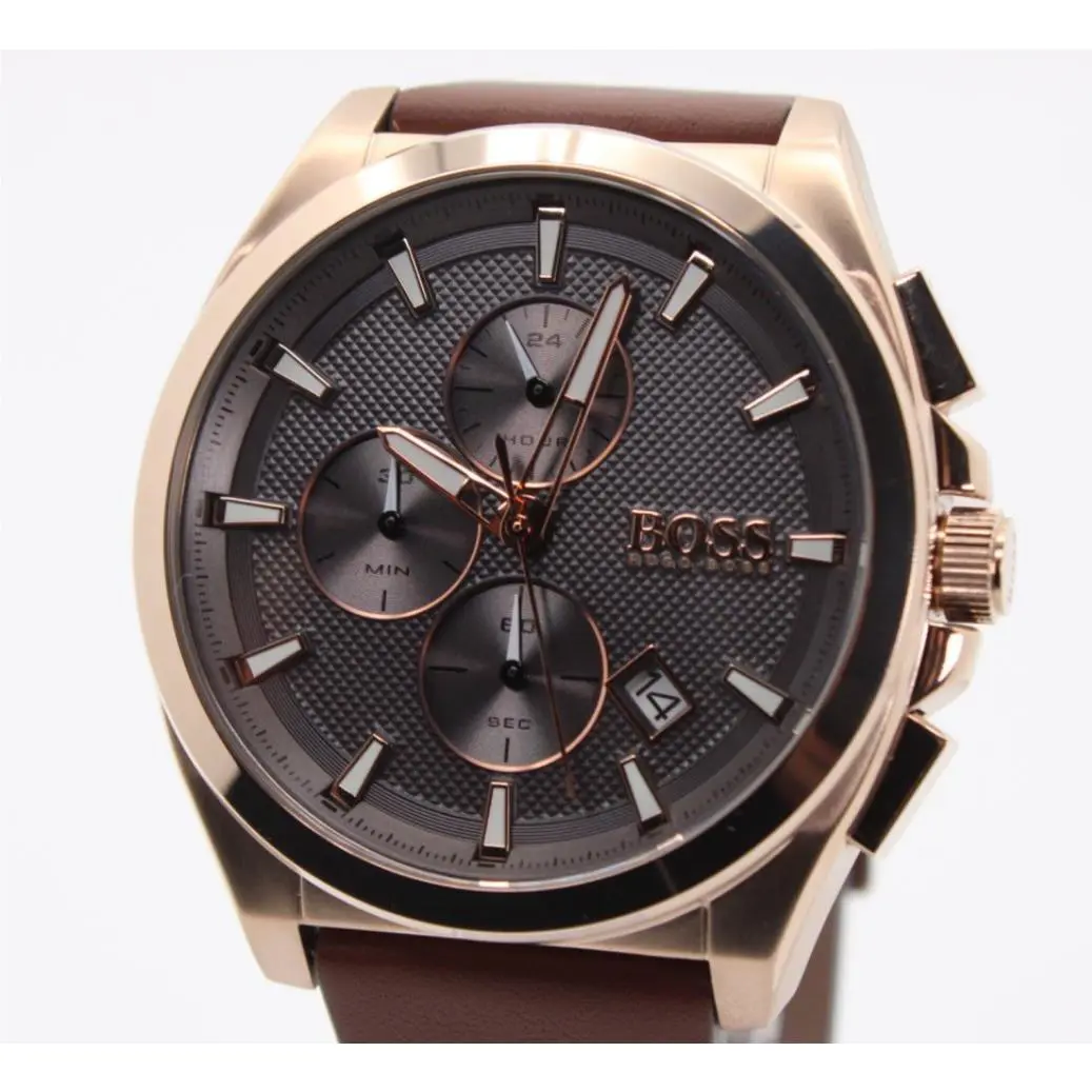 Hugo Boss Men`s Watch 1513882 Grandmaster Quartz Brown Dial Leather Band 46mm