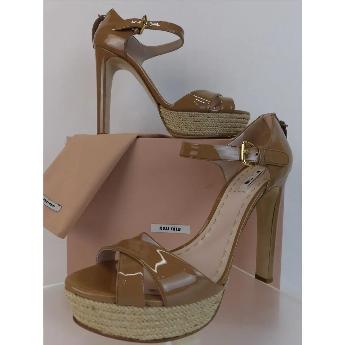 Prada Camel Patent Leather Jute Platform Mary Jane Zip Pumps 41.5 Italy