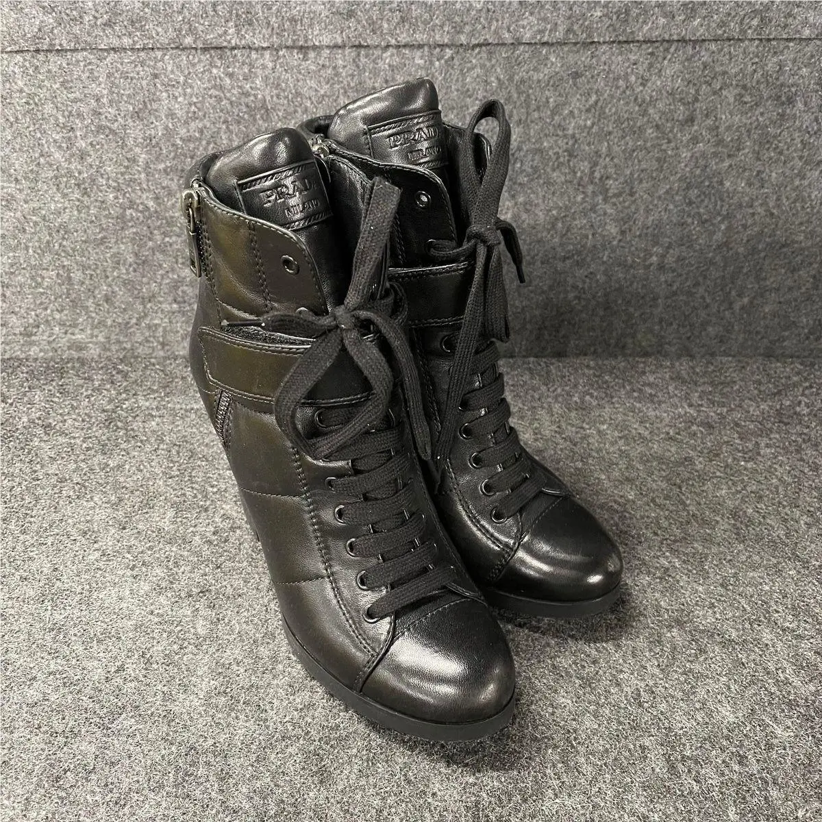 Prada Sport Leather Ankle Lace-up Boots Women`s Size 9.5 Black