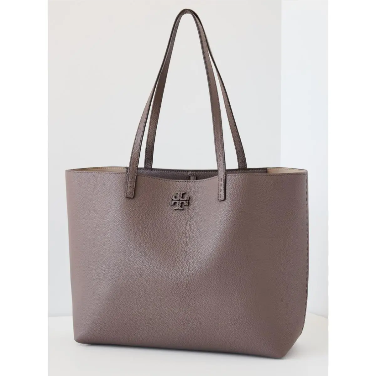 Tory Burch Mcgraw Leather Work Tote Silver Maple Gray