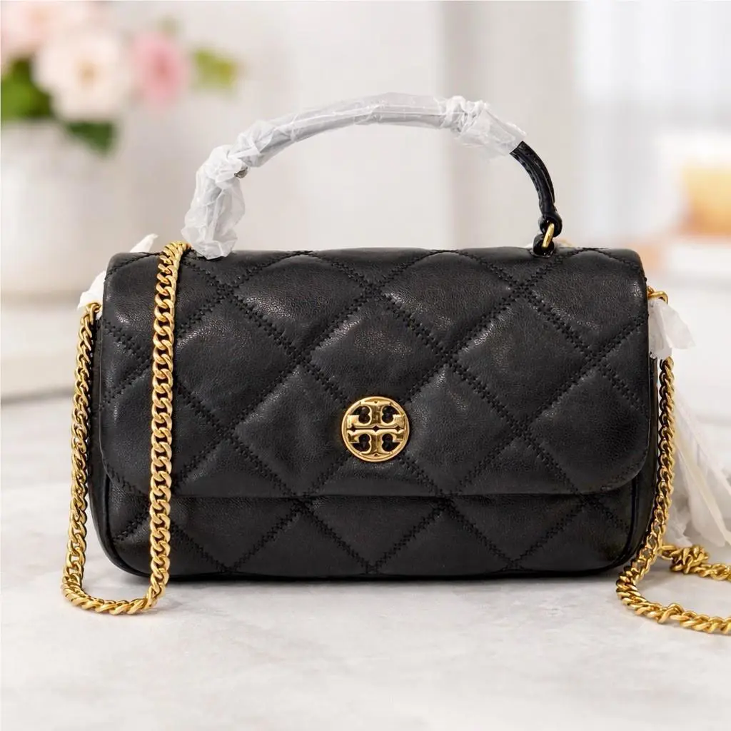 Tory Burch Black Gold Hardware Quilted Willa Mini Top Handle Crossbody Bag