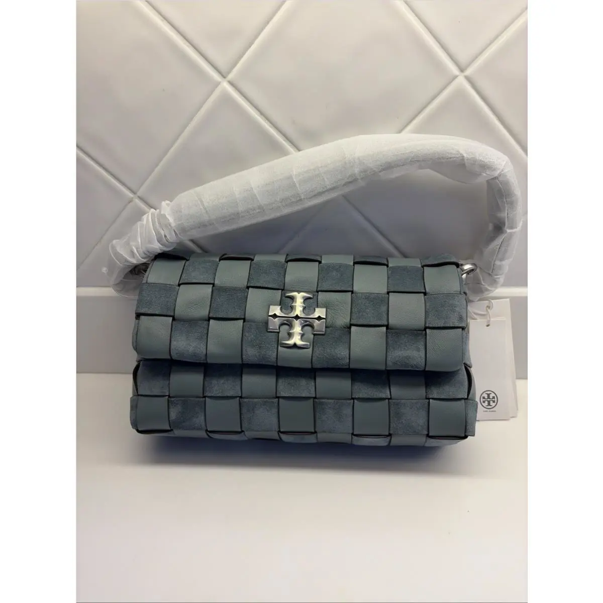 Tory Burch Kira Chevron Woven Small Convertible Shoulder Bag- Color Arctic