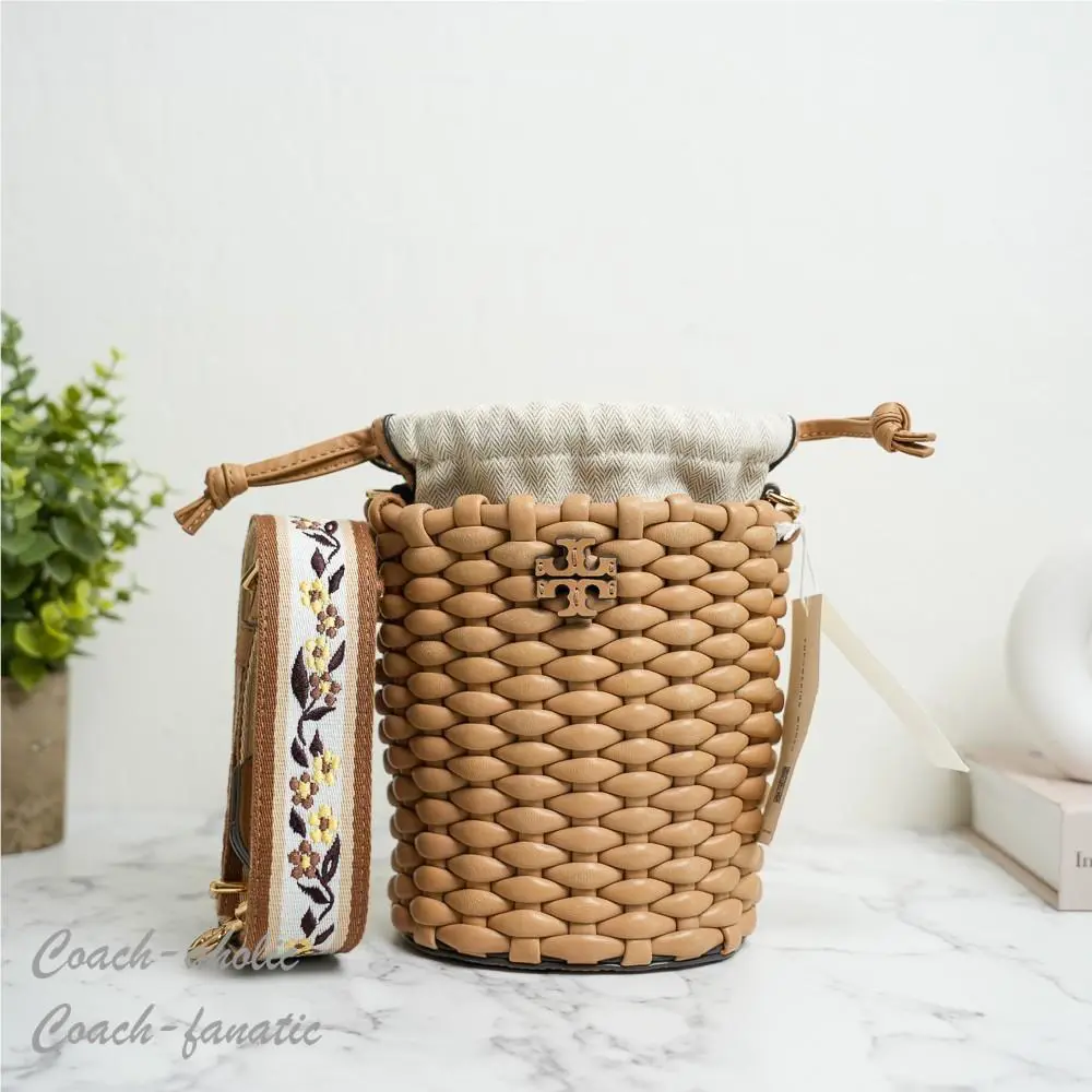 Tory Burch Emerson Woven Leather Mini Bucket Bag in Ginger Shortbread