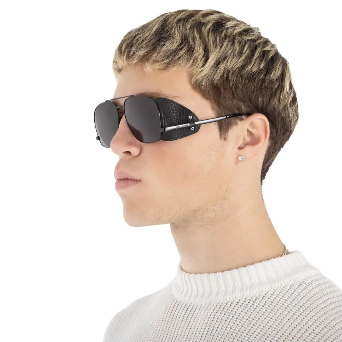 Saint Laurent Black Pilot Men`s Sunglasses SL 653 Leon Leather Spoiler 002 59