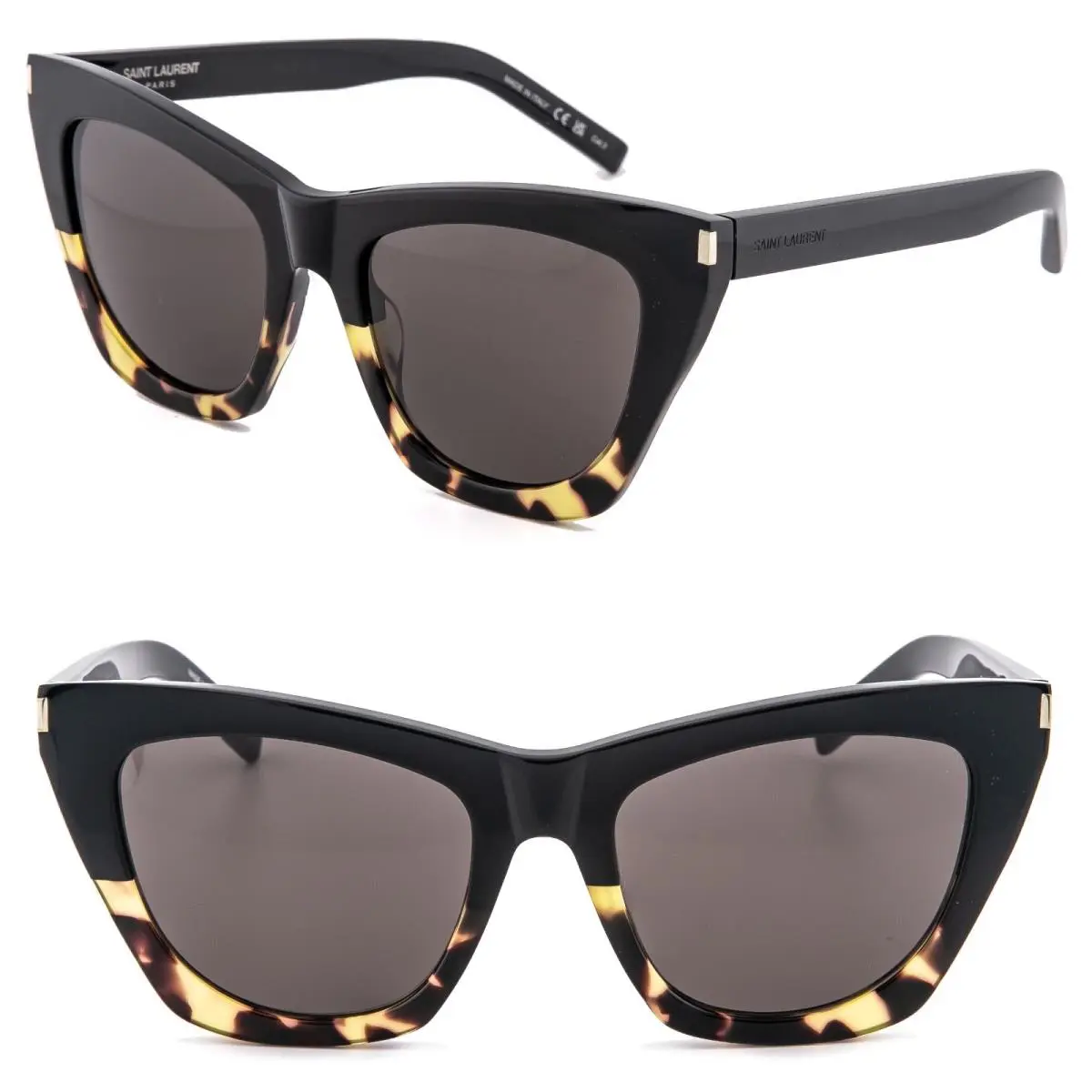 Saint Laurent 214 Kate Ysl SL214 010 Black Havana Angular Cat Logo Sunglasses