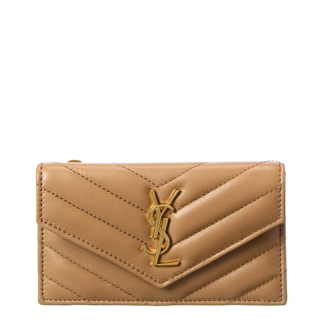 Saint Laurent Cassandre Leather Card Case Women`s Beige