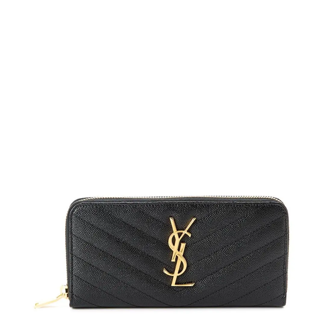 Saint Laurent Monogram Matelasse Leather Zip Around Wallet Women`s Black