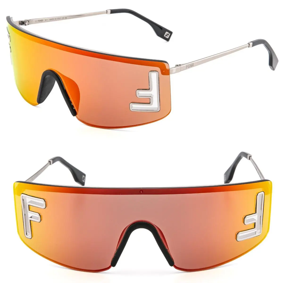 Fendi Sport FE40168U Silver Orange Mirror Unisex Logo Wrap Mask Sunglasses 40168