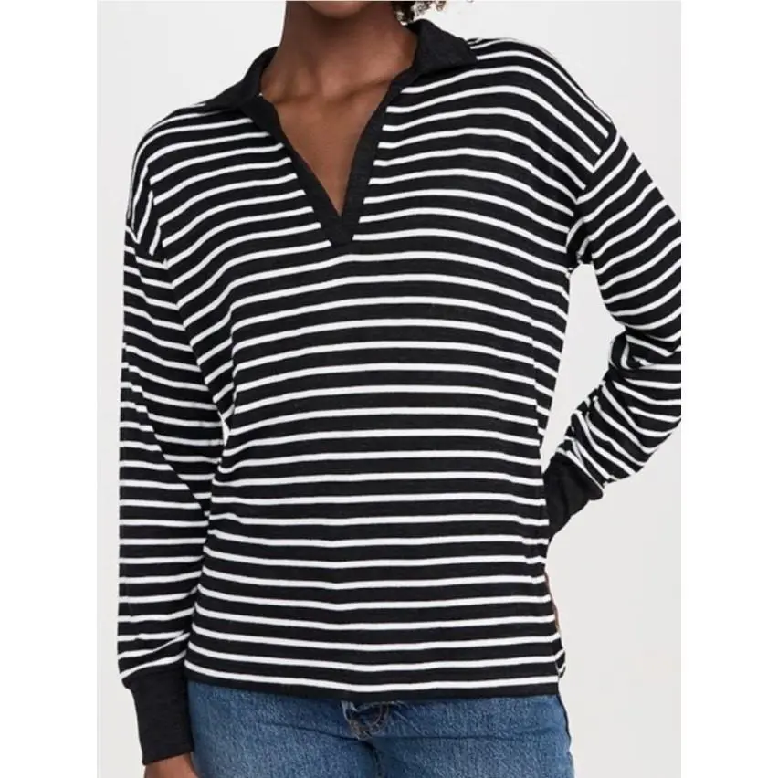 Rag Bone Knit Stripe Polo V Neck Black White Long Sleeve Relaxed L