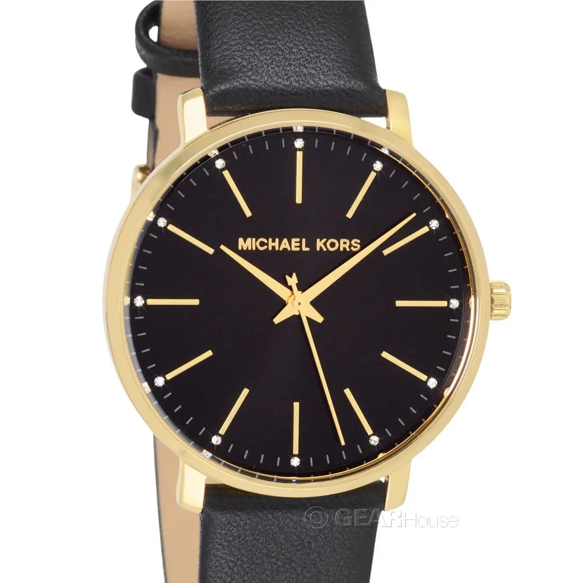 Michael Kors Pyper Womens Gold Watch Black Dial w/ Crystals Leather Band