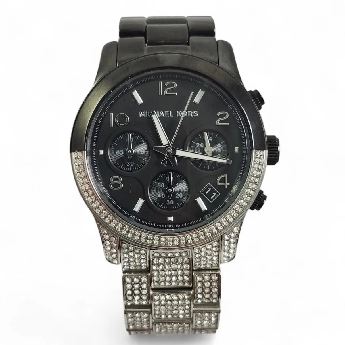 Michael Kors Runway Pave Glitz Black Silver Chronograph Watch MK7433 + Box