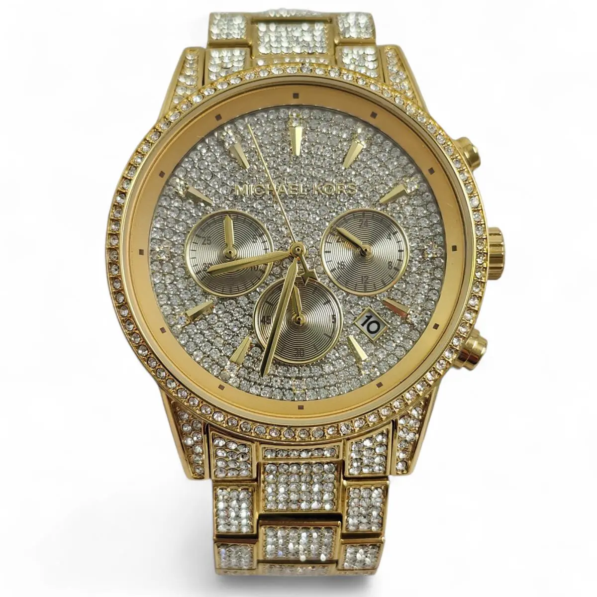 Michael Kors Ritz Gold Pave Glitz Chronograph Watch MK6747 Box Nwot