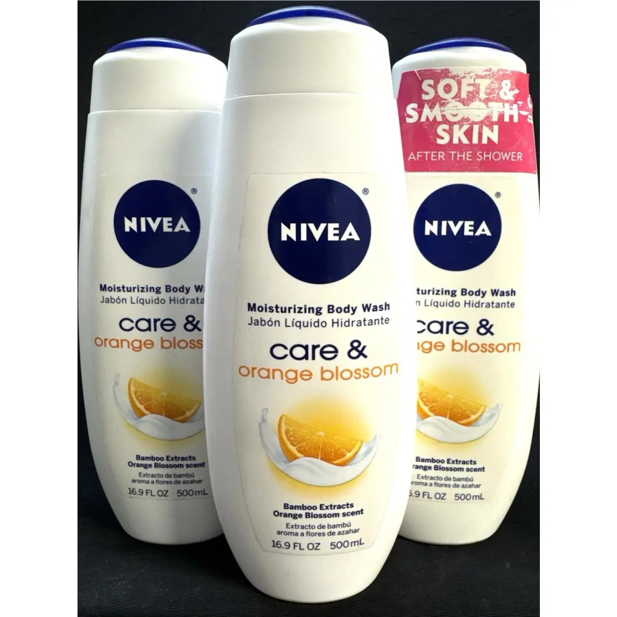 3 Nivea Care Orange Blossom Moisturizing Body Wash 16.9oz Scuffed Exterior