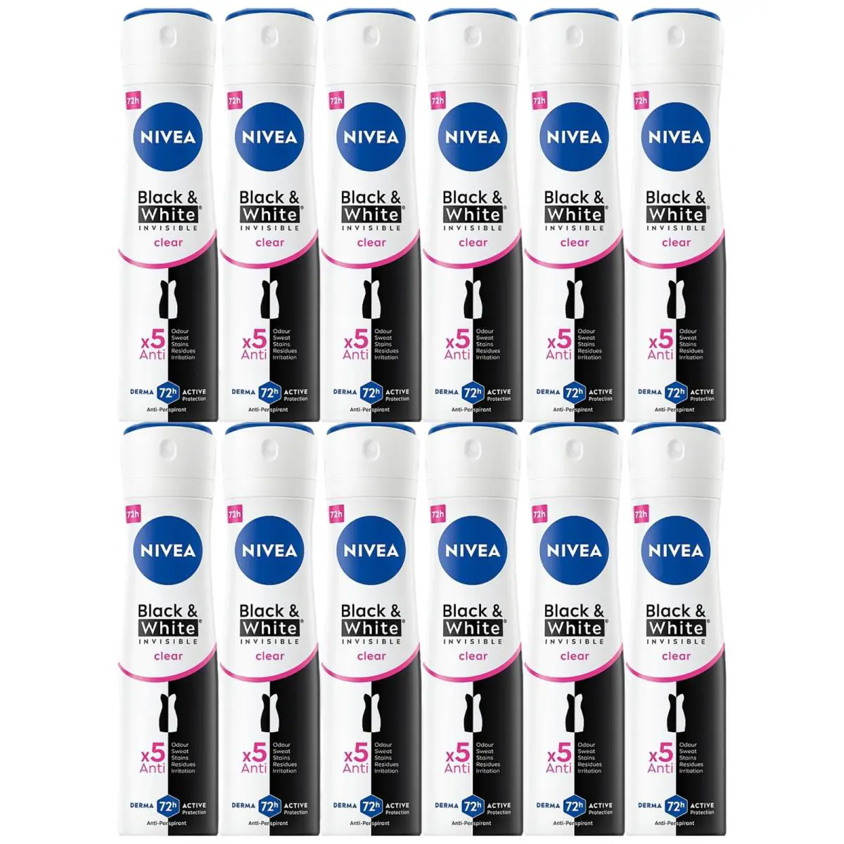 Nivea Black White Invisible Clear 72 Hour Spray 6.76oz 200ml Pack of 12