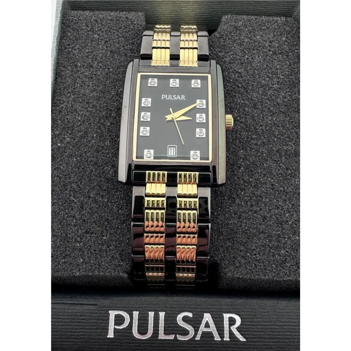 Pulsar Tank Watch Black Gold Swarovski Nos Box Papers