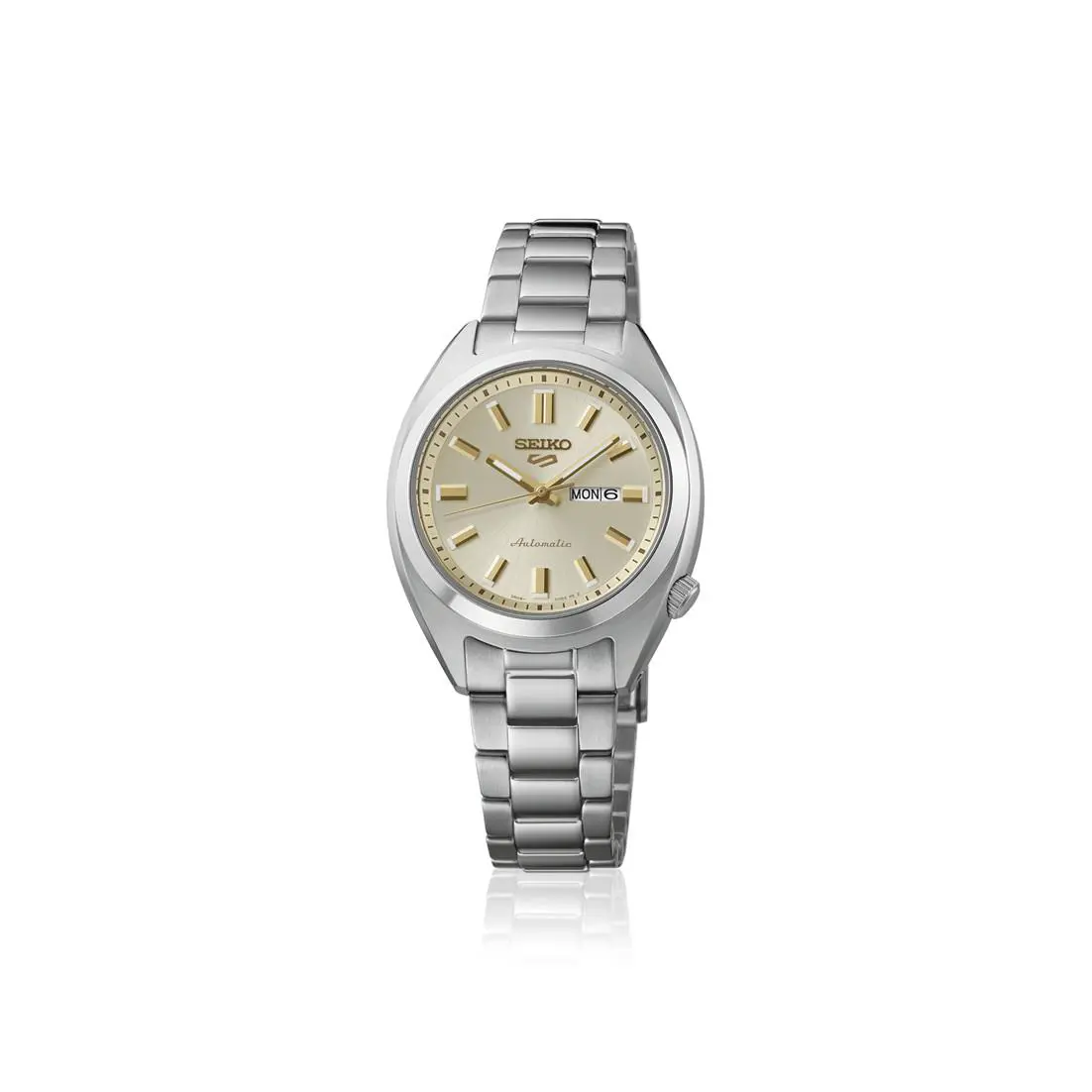 Seiko SRE023 5 Sports 32 mm Steel Champagne Dial Automatic Women`s Watch - Dial: Champagne, Band: Silver, Bezel: Silver