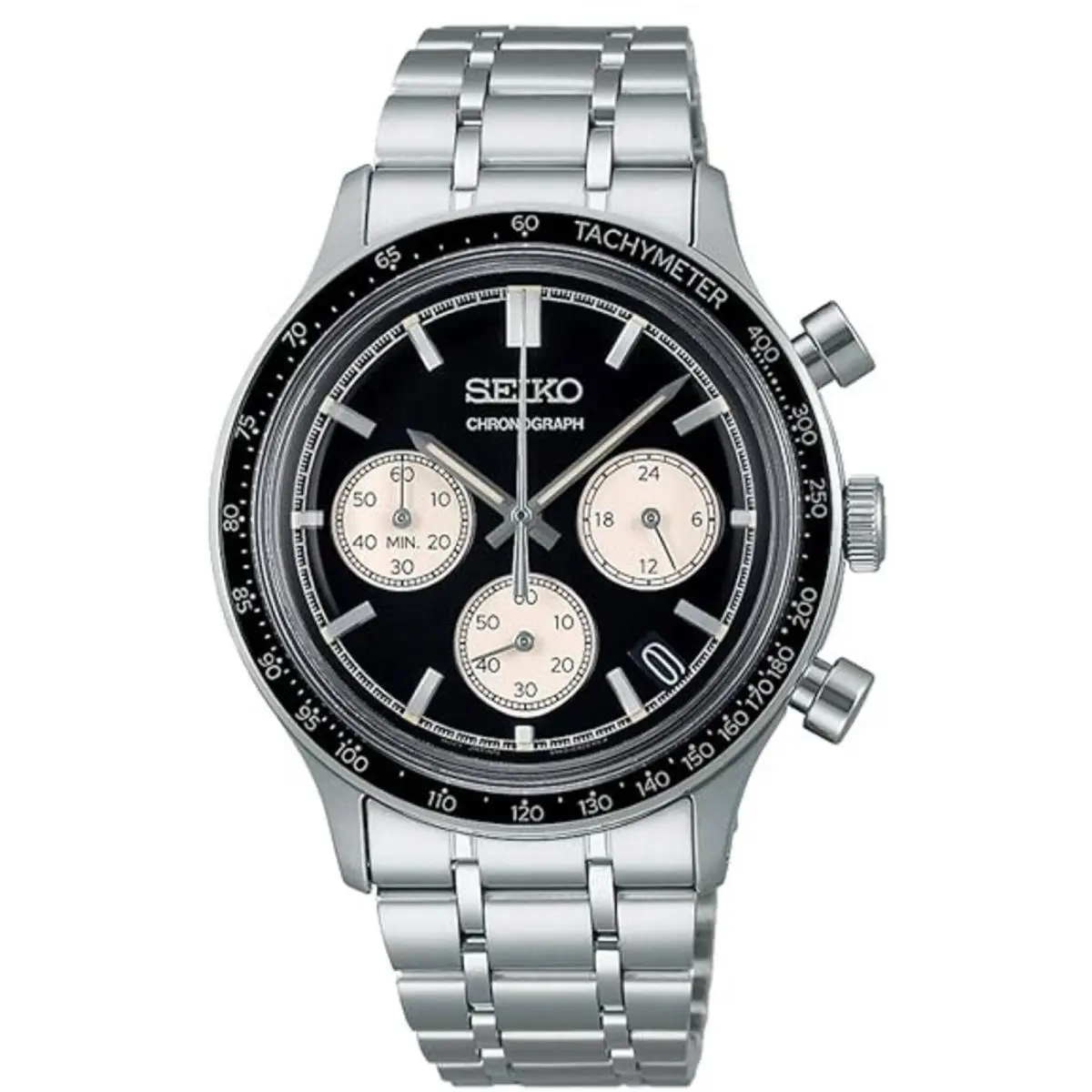 Seiko Men`s Watch Chronograph Black and Beige Dial Silver Tone Bracelet SSB479P1