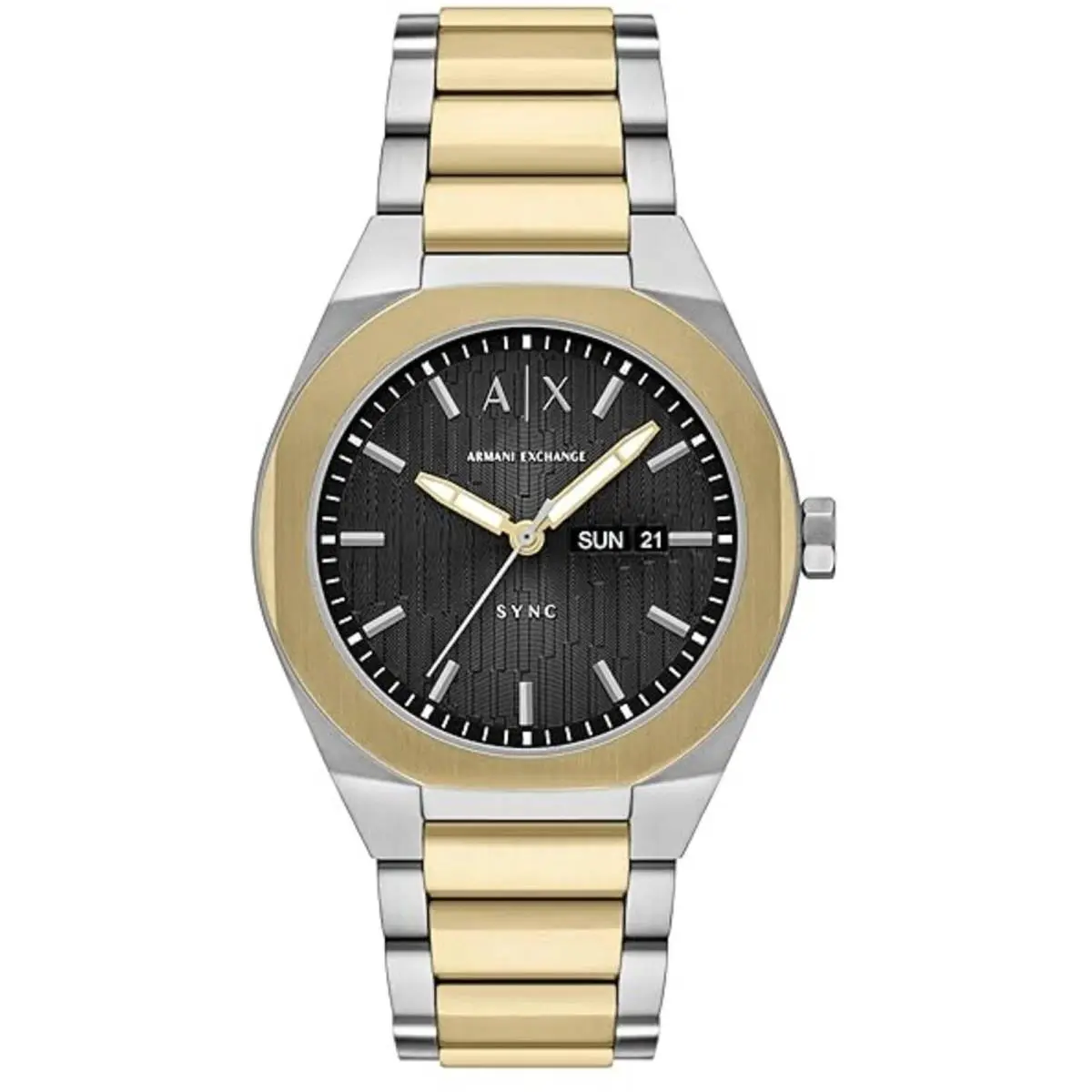Armani Exchange Men`s Watch Sync Quartz Two Tone Steel Bracelet Day-date AX4298 - Dial: Black, Band: Silver, Yellow