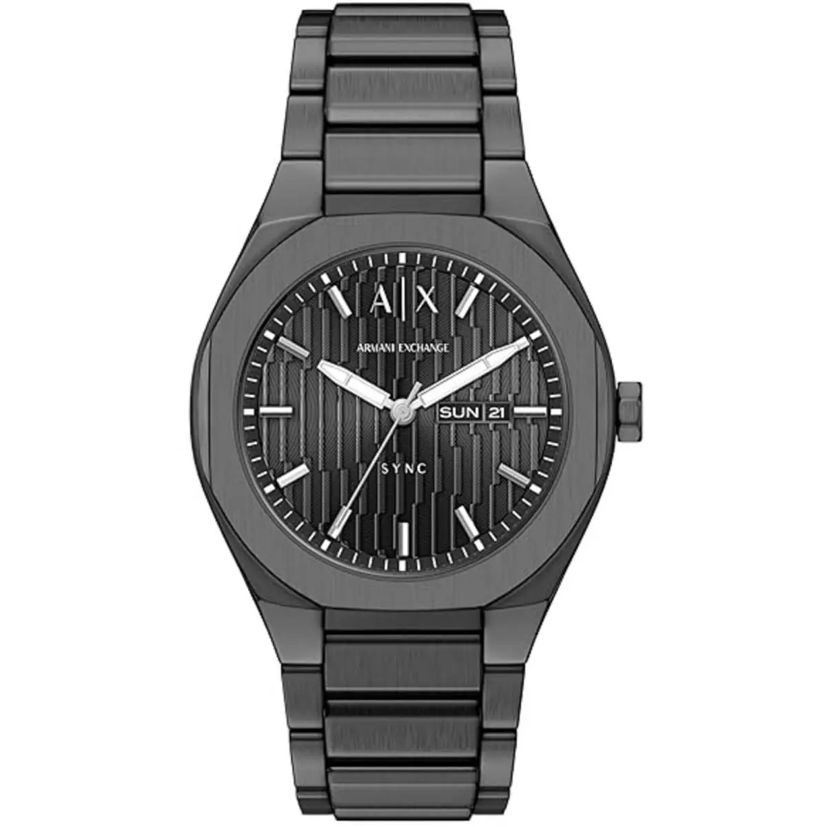 Armani Exchange Men`s Watch Sync Quartz Gunmetal Steel Bracelet Day-date AX4300