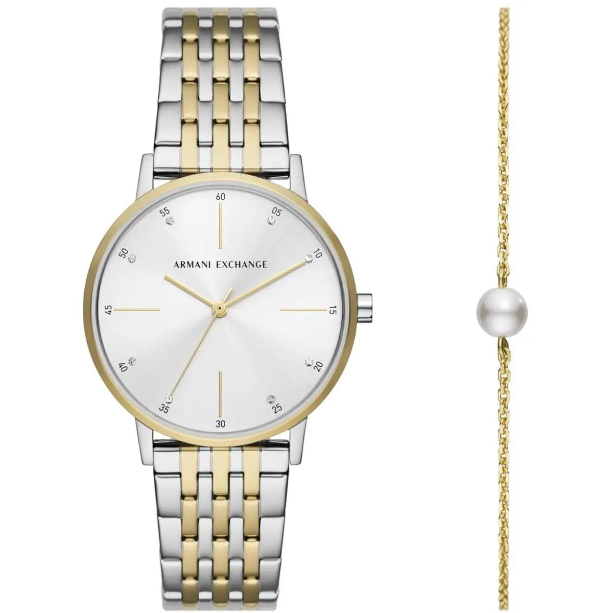 Armani Exchange Women`s Watch Set Lola Silver Dial Two Tone Bracelet AX7156SET