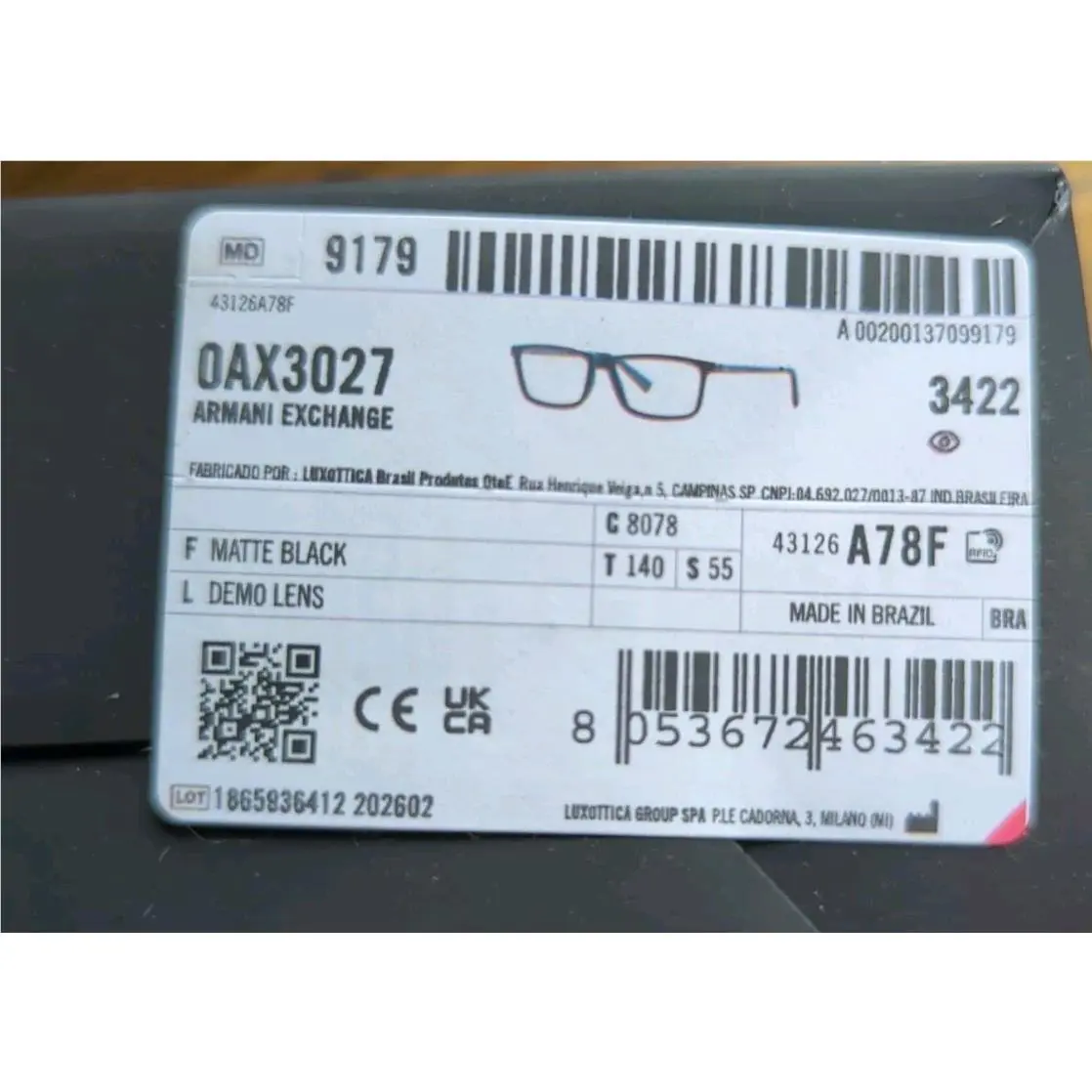 Armani Exchange Oax 3027 Men`s Eyeglasses Frames Matte Black 55 140 16