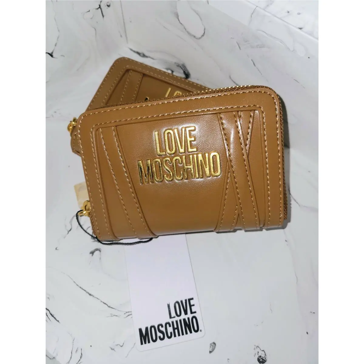 Love Moschino Zip Around Hand Pocket Wallet Coin Purse Brown Golden Womens