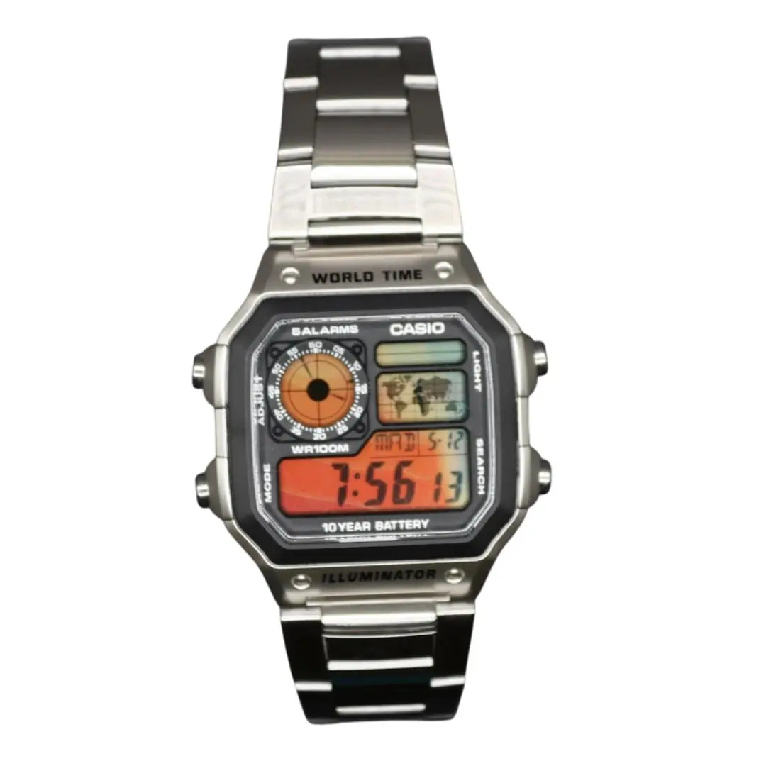 Casio AE-1200WHD Royale World Time Watch Mod Orange Stained Glass Display