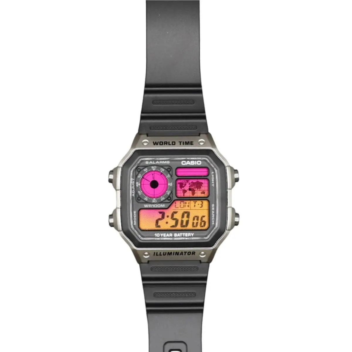 Casio AE-1200WHD Royale World Time Watch Mod Pixel Pink Yellow Gradient