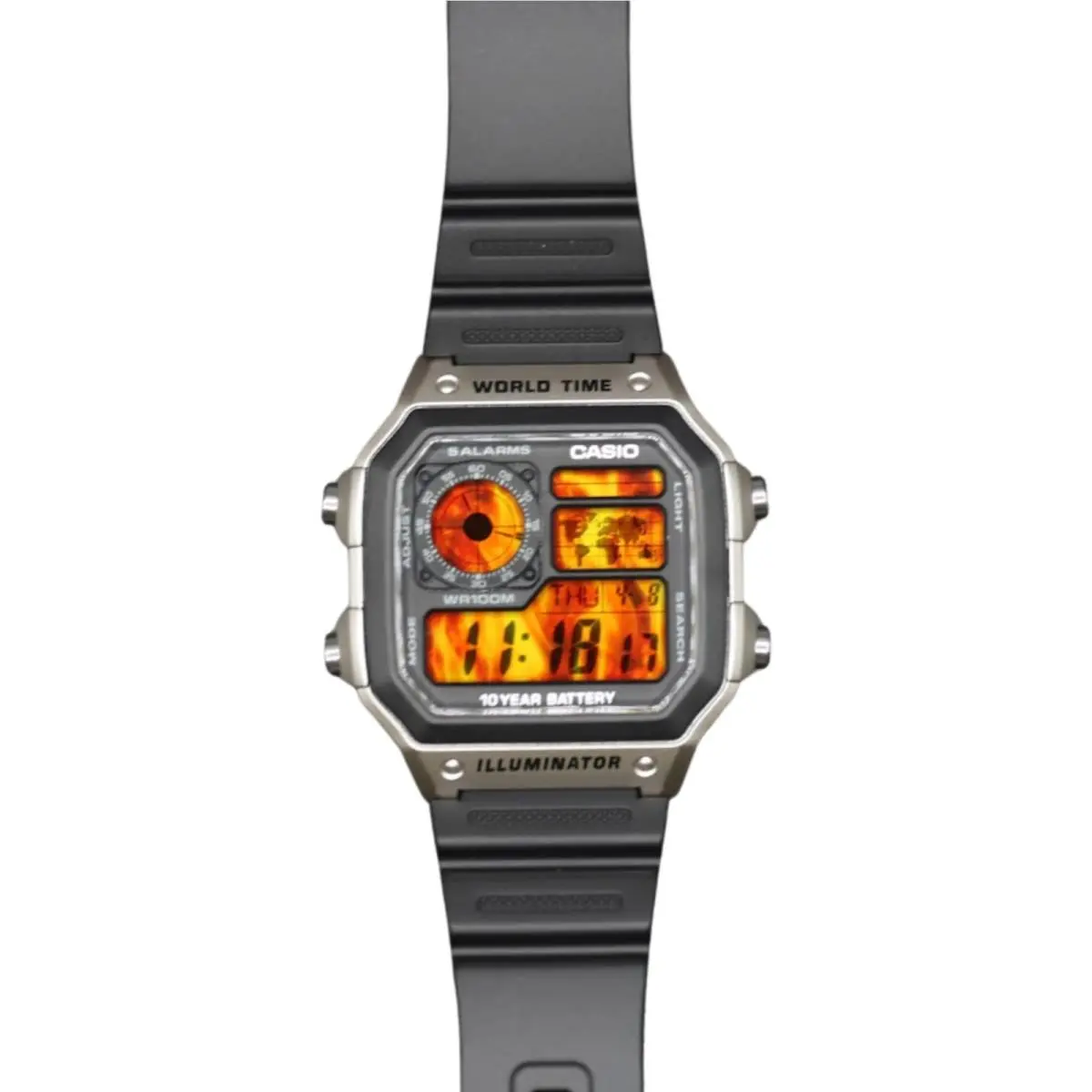 Casio AE-1200WHD Royale World Time Watch Mod Flames Display