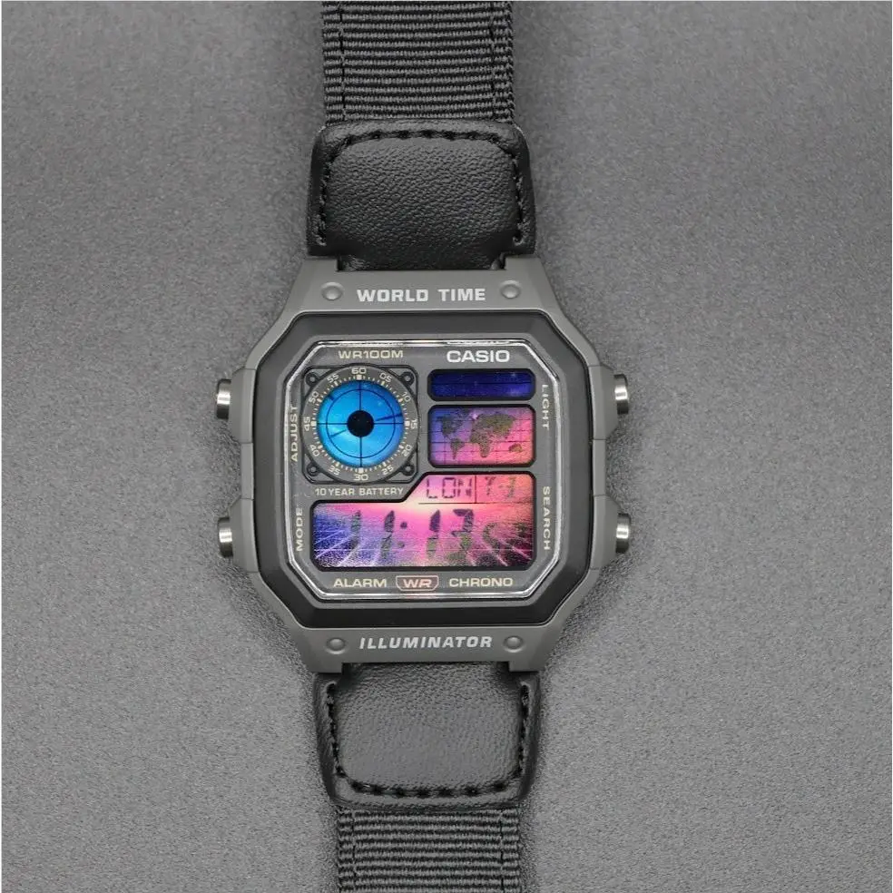 Cyber Grid Casio Digital Sport Royale AE-1200WHUB World Time Watch Mod