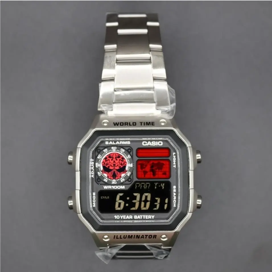 Casio AE-1200WHD. Royale World Time Watch Mod. Negative Display - Red Skull Dial