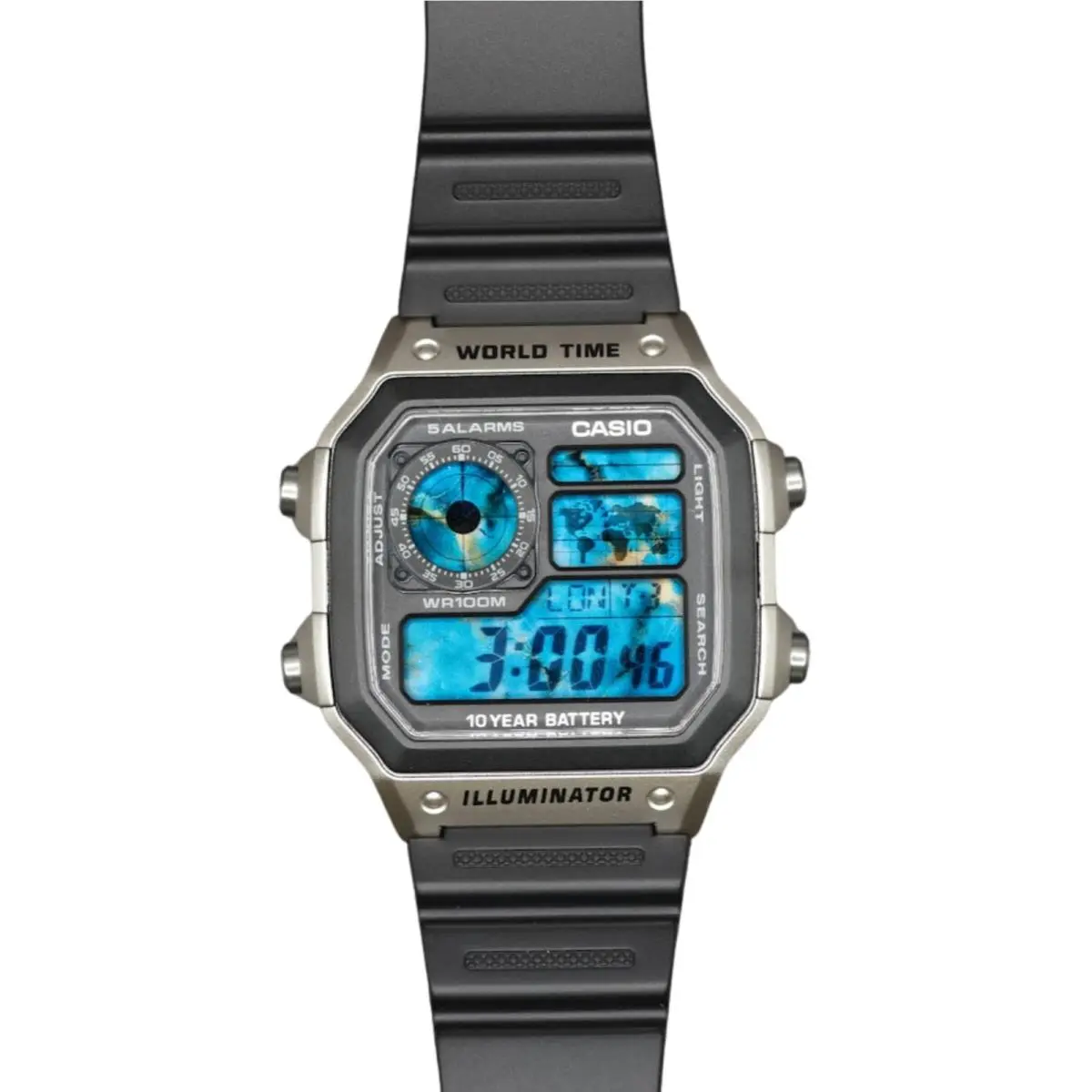Casio AE-1200WHD Royale World Time Watch Mod Blue with Gold Sparkles Marble