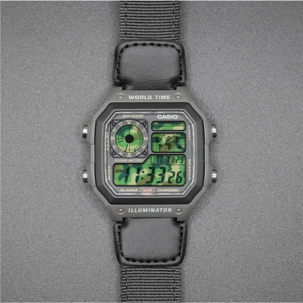 Army Green Camo Casio Digital Sport Royale AE-1200WHUB World Time Watch Mod