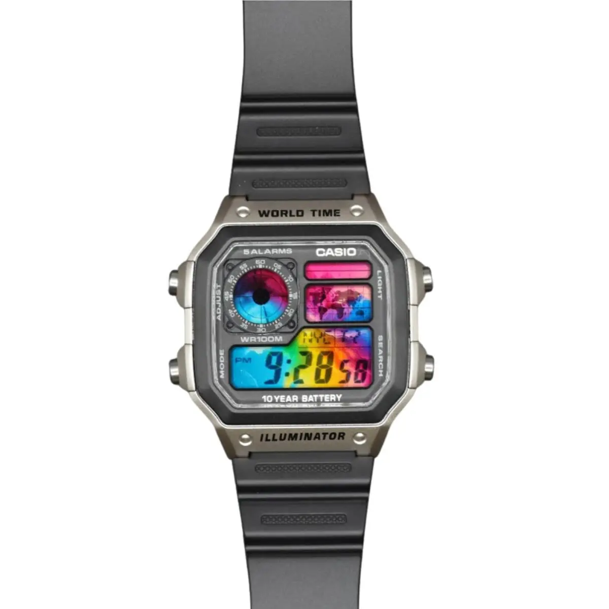 Casio AE-1200WHD Royale World Time Watch Mod Rainbow Splash Display