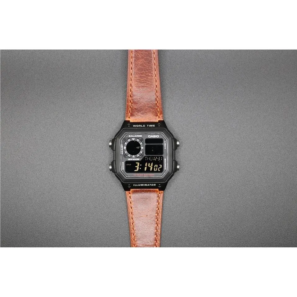 Negative Display Casio AE-1200WHD Royale with Brown Leather