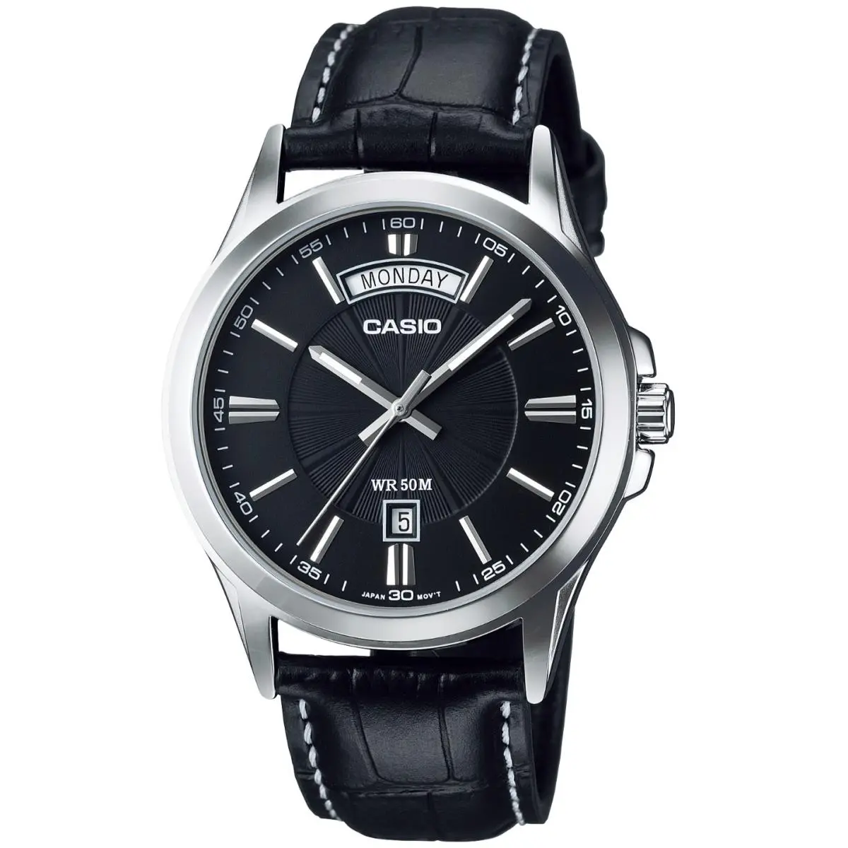 Casio Men`s Quartz Black Dial Leather Day Date 50M Water Resistant MTP-1381L-1AV