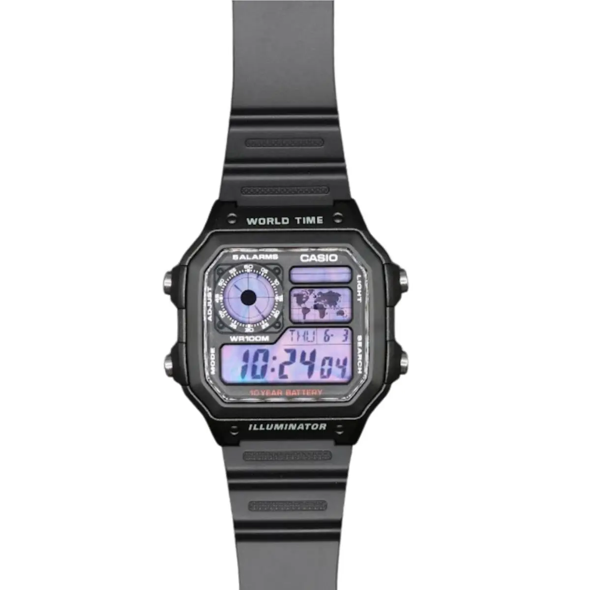 Casio AE-1200WHD Royale World Time Watch Mod Purple Haze Display