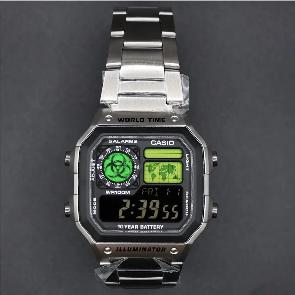 Radioactive Casio AE-1200WHD. Royale World Time Watch Mod. Negative Display