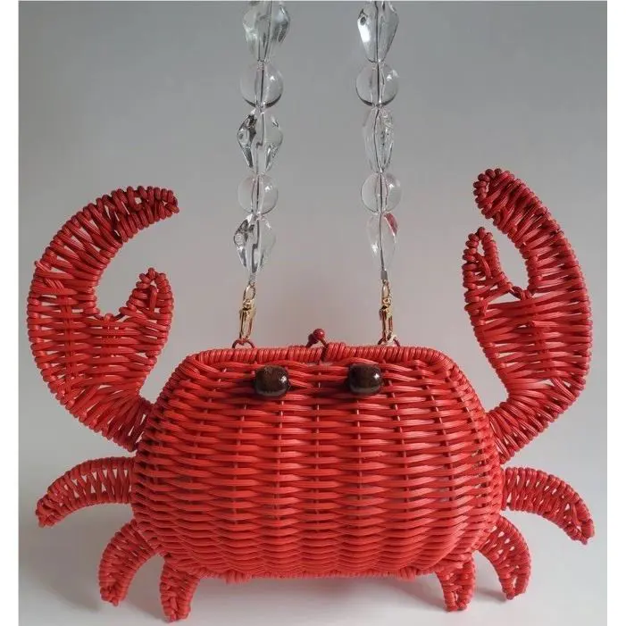 Tommy Bahama Viral Crab Red Wicker Crossbody Bag Beaded Handle Gold Cha