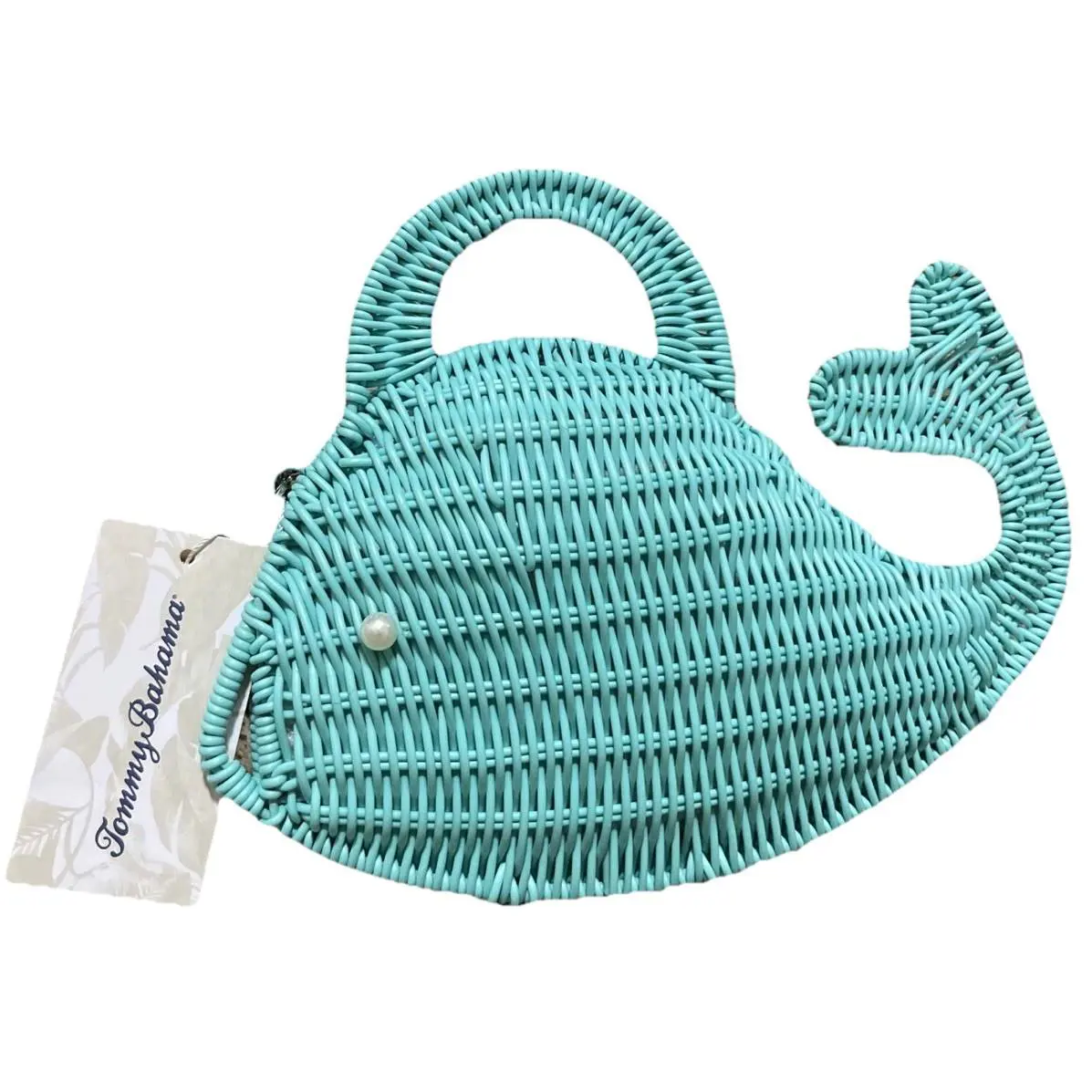Tommy Bahama Coastal Preppy Nautical Wicker Woven Aqua Whale Purse Clutch w/ Silver Strap