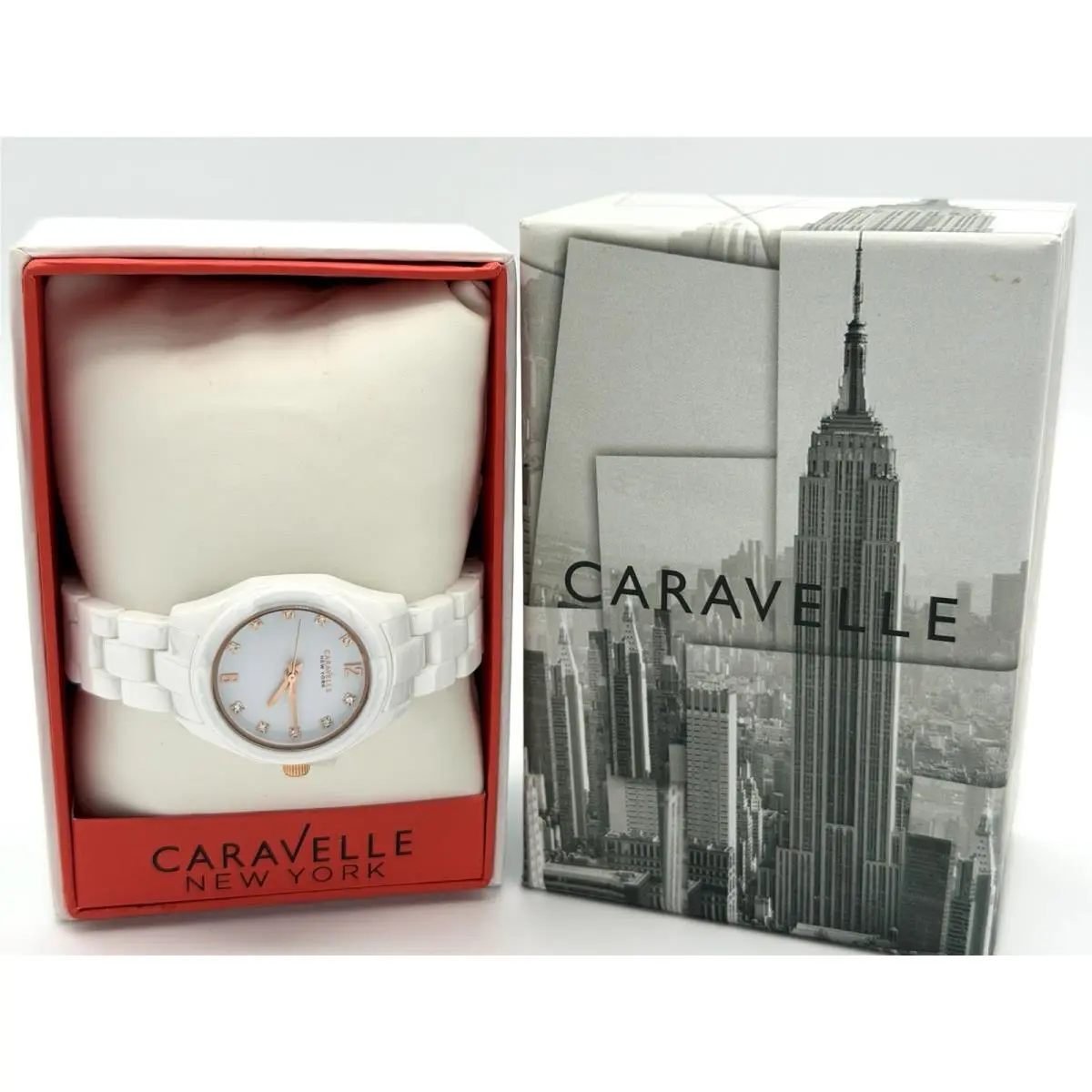 York By Bulova Ladies White Ceramic Watch Rose Gold Accents 45L159 by Caravelle